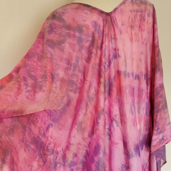 Silk Caftan Kaftan beach coverup resortwear midi S M L XL pink purple tie dyed - Picture 6 of 10